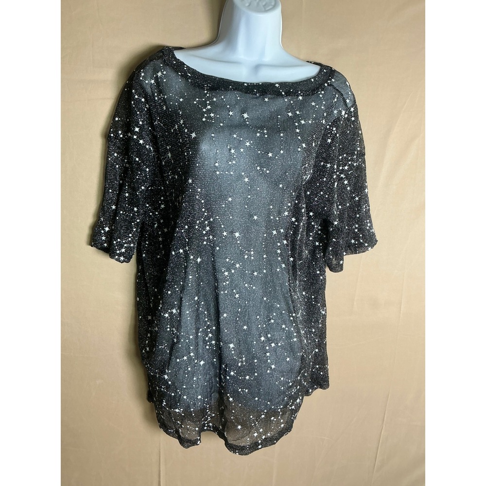 MAKEMECHIC‎ Star Print Mesh Top Womens L Black New Metallic Sheer Short Sleeve
